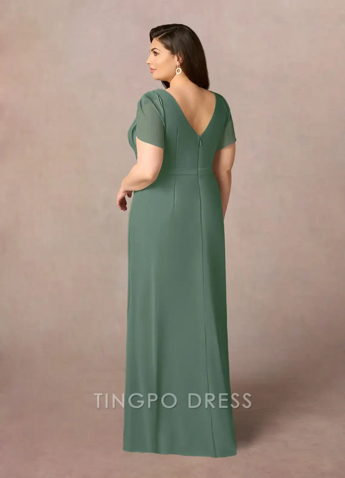 TingPo Wholesale Elegant Plus - Size V - Neck Chiffon Evening Gown with Sheer Flutter Sleeves, Embellished Waist, and Side Slit: Perfect for Formal Occasions